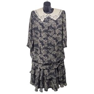 Vtg 80s Liz Roberts Layered Shimmer Side Bow Dress Wide Lace Collar Dress Sz M/L